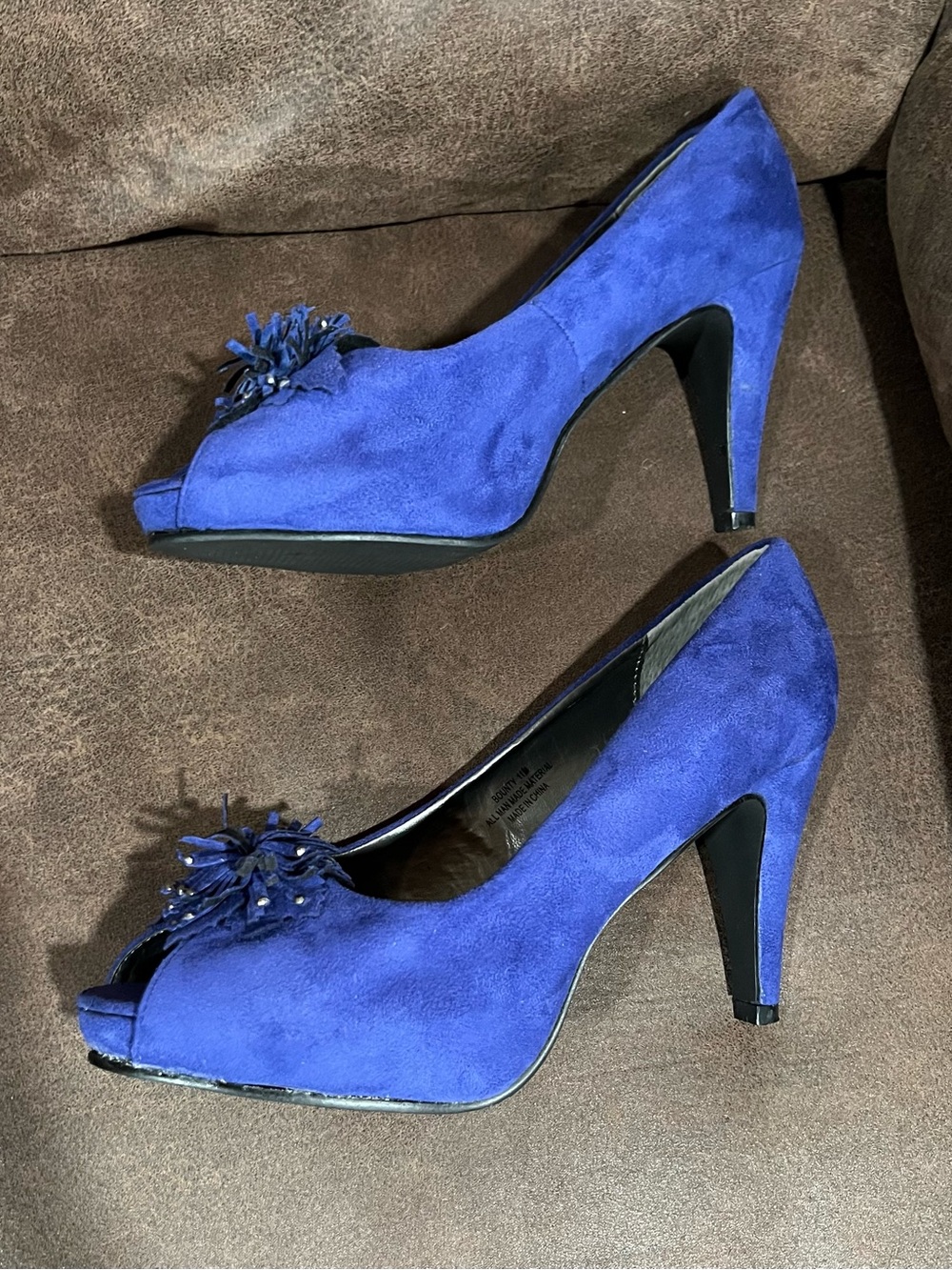 Andiamo Royal Blue Suede Peep-Toe Pumps with Floral Tassel